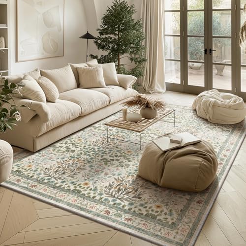 Image of Beige Blue Area Rug 5x7 - Vintage Washable Floral Rug for Living Room, Bedroom, Nursery & Entryway - Low Pile, Non-Slip, Stain Resistant, Retro Indoor Carpet