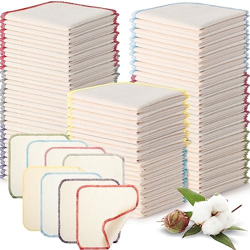 Mixweer 96 Pcs Flannel Cloth Baby Wipes Reusable Baby Diapers Wipes Washable Natural Unbleached Baby Face Wipes Soft and Sturdy Cloth Wipes 8 Colors Outer Stitching 8 x 8 Inches
