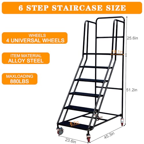 Image of 6 Step Rolling Ladder - Mobile Rolling Stairs with Wheels, Heavy Duty Industrial Safety Non-Slip Metal Rolling Ladders, 880lbs Capacity, for Warehouse, Garage, Supermarket