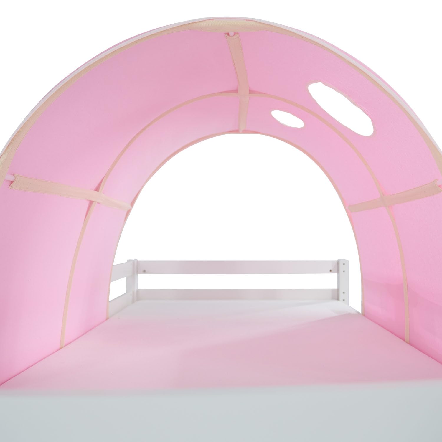 Homestyle4u 1567, Lit de Camp 90x200 Blanc, Lit Mezzanine avec Toboggan Rideau Tunnel Rose, Bois de pin