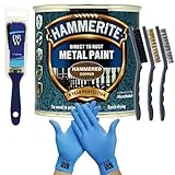 DRW Hammerite Direct to Rust Metal Paint Hammered Copper 250ml 1" Paint Brush, 3 Wire Brush Set & Free Nitrile Gloves | Durable Rust Protection for Indoor & Outdoor Metal