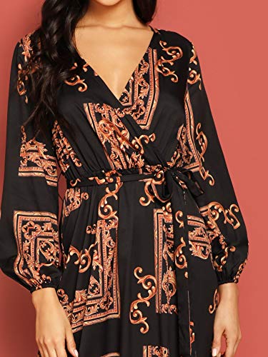 Milumia Women Scarf Print Belted V Neck Long Sleeve Boho Maxi Wrap Dress Multicolor-6 M