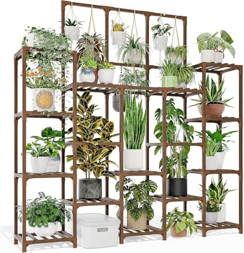 Image of Snazzy Wood Plant Stand Indoor Outdoor 63 inch Tall Plant Shelf for Plants 14-Tier Large Plant Sheves for Living Room Rack Garden Balcony Patio Hanging Planter