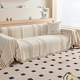 DREAMINGO Couch Cover Reversible Chenille 3 Seat Sofa Covers for Pet Kids Beige Coffee Couch Protector for 3 Cushion Couch Sofa Vertical Stripe Jacquard Sofa Slipcover Sectional, 71'x134'
