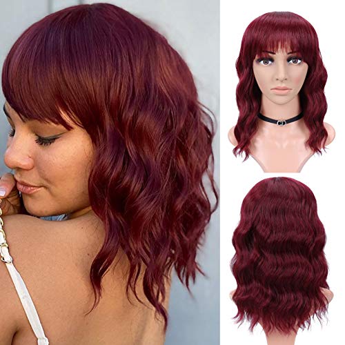 M-BOX Hair 12 Inch Wavy Bob Wig with Bangs Short Curly Bob Wigs Shoulder Length Synthetic Wigs for Women Burgundy Fluffy Pastel Colored Wigs for Girls (12",#bug)