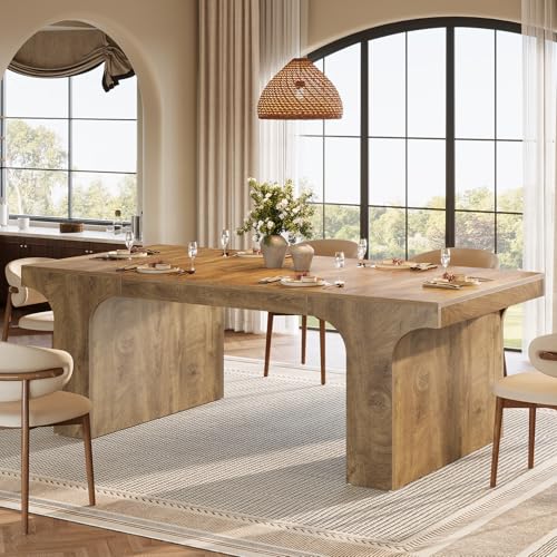 Tribesigns 71-Inch Large Dining Table for 6-8, Farmhouse Wooden Kitchen Table with Arched Design, Rectangular Dining Furniture with Double Pedestal for Dinner, Banquet, Brown