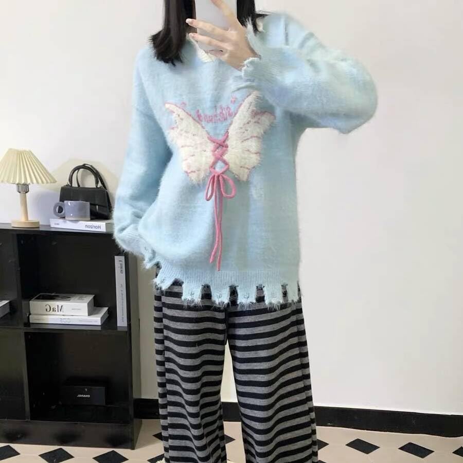 Girl Women's Knitted Sweater Butterfly Classic College Pullover Fashion Knit Lapel Jumper Tops3