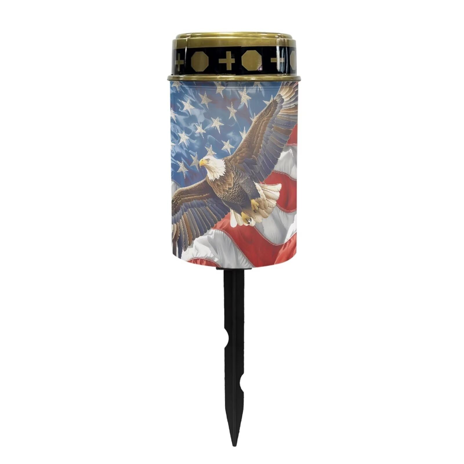 Poceacles Eagle American Flag Pattern Solar Lights Outdoor Waterproof Grave Lights for Cemetery LED Flameless Candle Cemetery Solar Pillar Candles Outdoor Decor