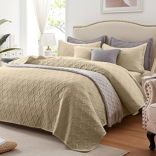 LEAONME Juego de edredón de 3 piezas, colcha ligera color beige, 118 x 106 pulgadas, edredón de verano de microfibra suave, lujoso, cálido para todas las estaciones (incluye 1 edredón, 2 fundas de