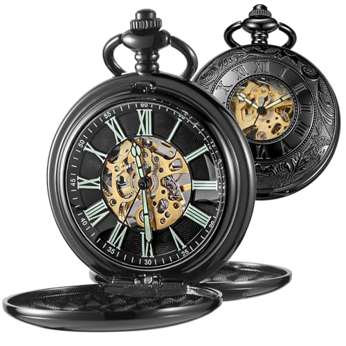 Image of Vintage Gold Double Sides Open Case Mechanical Men's Pocket Watch,Double Face Roman Dial Clock Hand Wind Pocket Watch for Men with FOB Chain