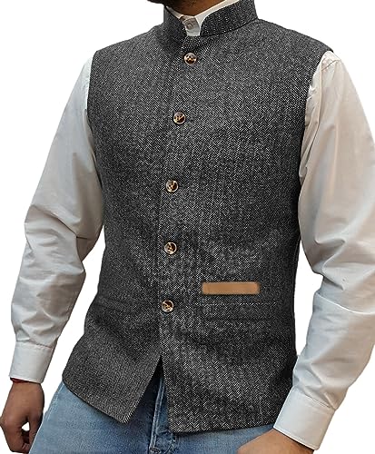 Yiaisafa Mens Stand-Up Collar Suit Vests Retro Tweed Waistcoat Hipster Vintage Wedding Groomsman Wool Cowboy Lined S-3XL, Grey, Medium