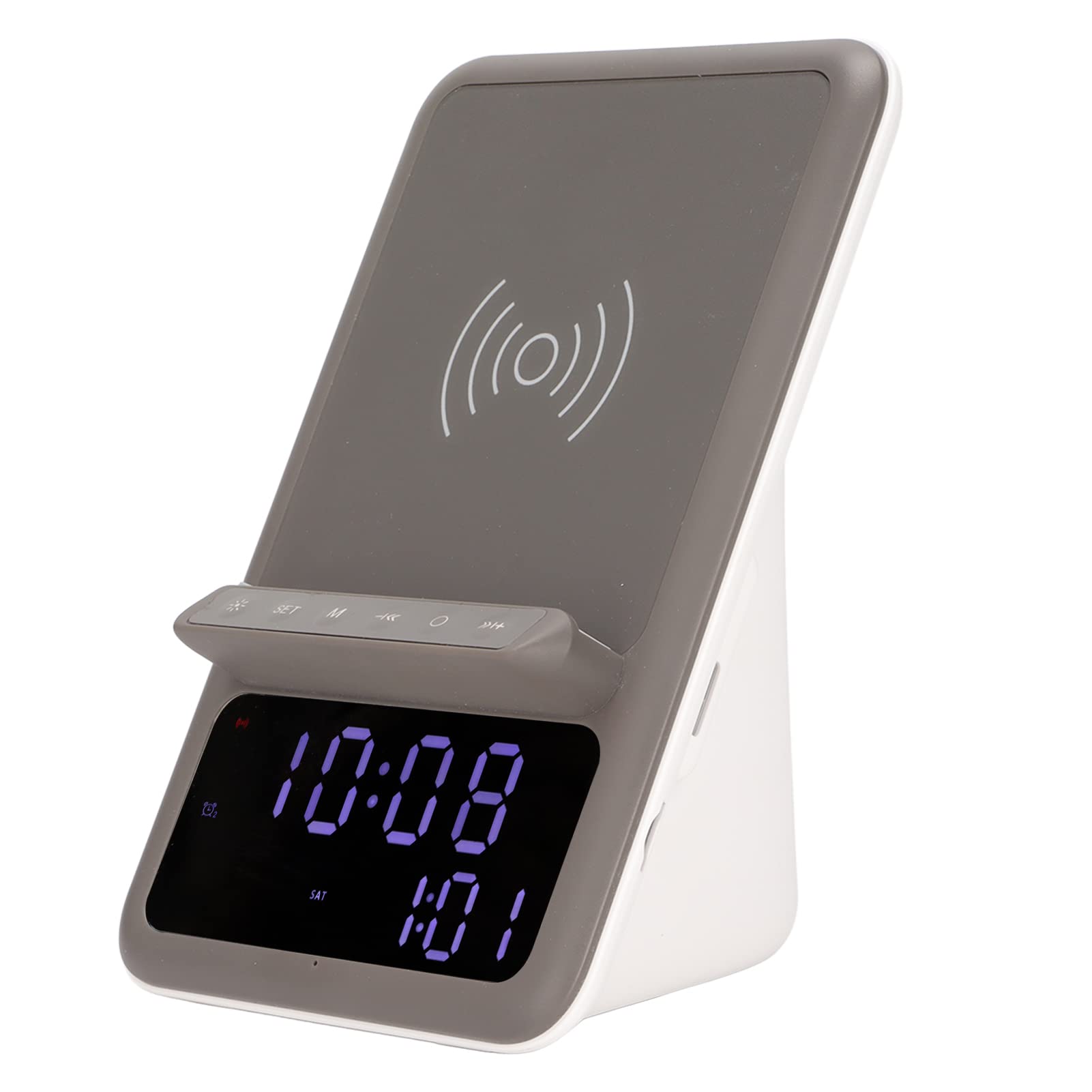 Maquer Réveil de Chevet, Chargeurs sans Fil à Charge Rapide, Station de Recharge de Téléphone avec Affichage Numérique, Haut-parleur Bluetooth avec Radio FM, Fonction Snooze, Appels Mains Libres