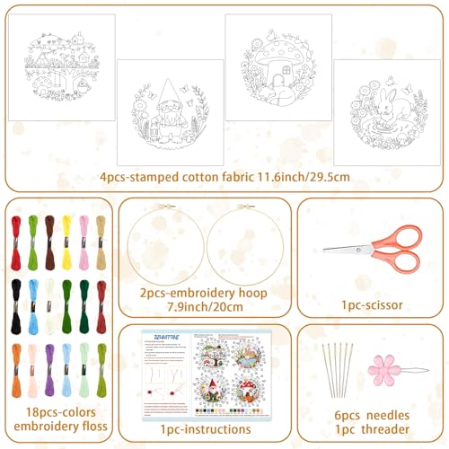 Image of BEUNITONE 4 Set Embroidery Kit for Beginners, Fairy Tale Pattern Cross Stitch Kits, Needlepoint Kits for Adults with Instructions and Full Kit, Funny Hand Embroidery Patterns for Cloth and Home Decor