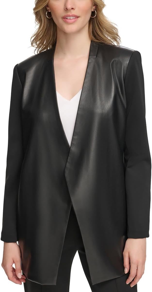 Calvin Klein Womens Faux Leather Work Wear Open-Front Blazer Black 8