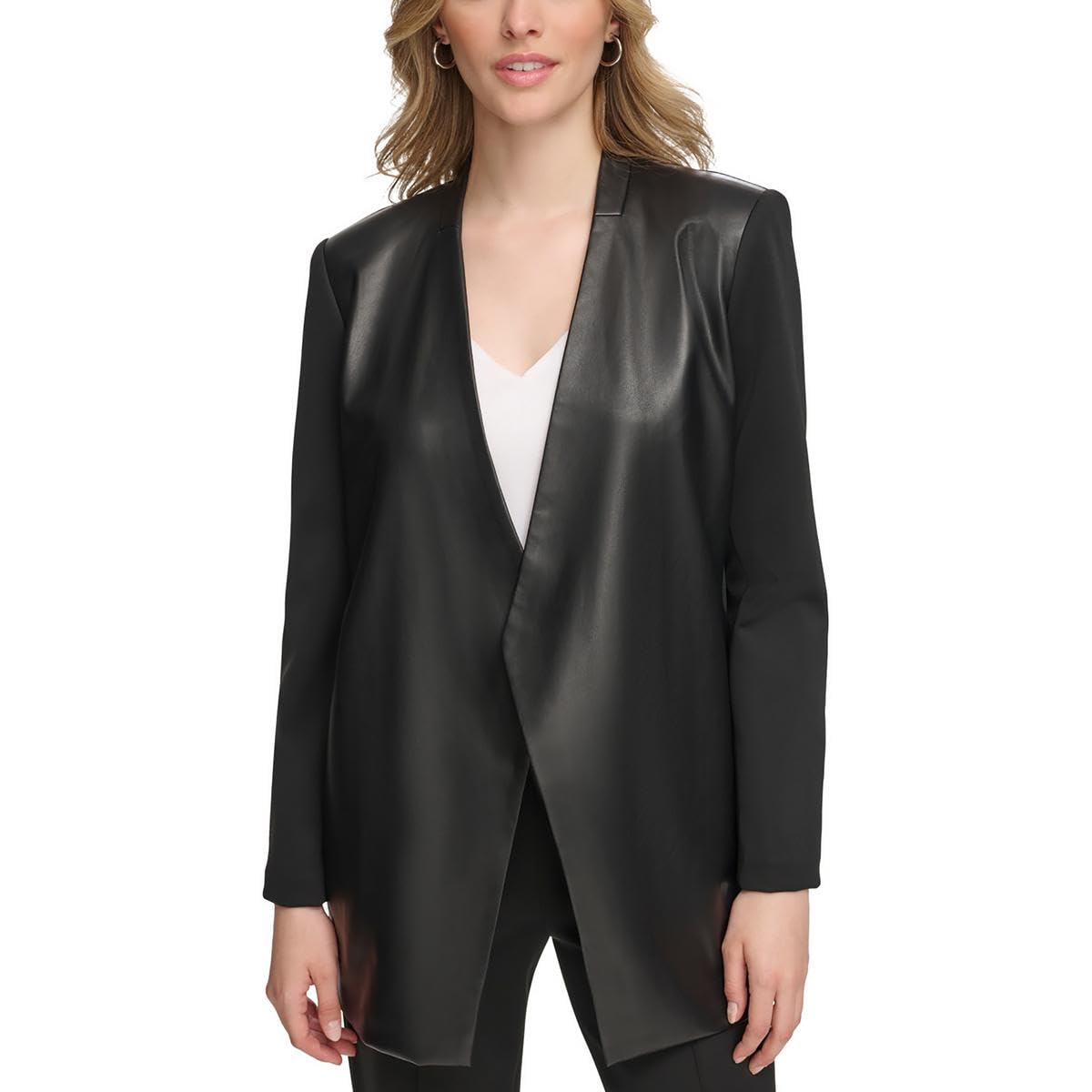 Calvin Klein Womens Faux Leather Work Wear Open-Front Blazer Black 8