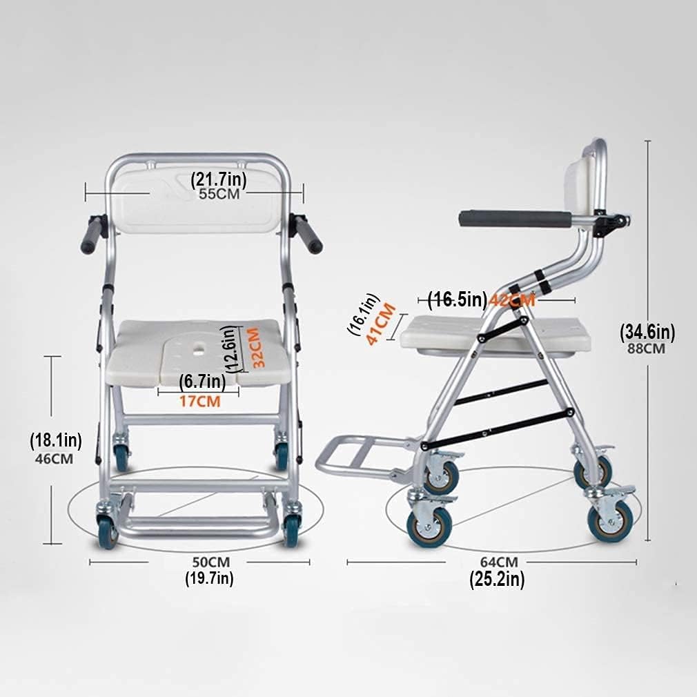 Stołek prysznicowy z kółkami, składany fotel kąpielowy dla seniorów i niepełnosprawnych, oparcie i podłokietniki, szerokość 41 cm, głębokość 42 cm, bezpieczna pomoc pod prysznic dla łatwej kąpieli