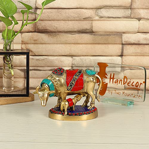 Image of Two Moustaches Gemstone Work 5.5 Inches Kamdhenu Cow Brass Showpiece, Standard, Multicolor, Pack of 1