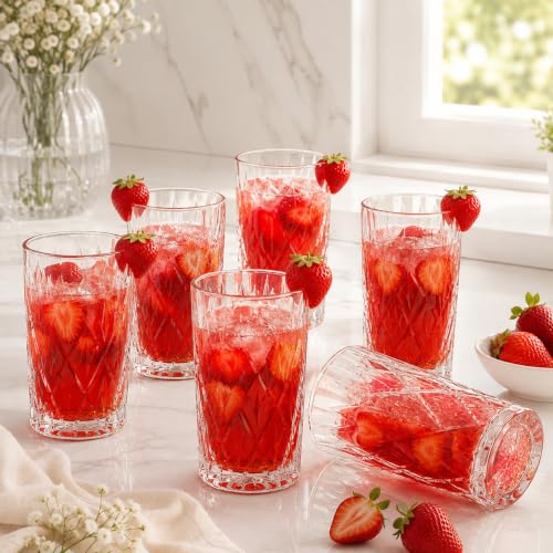Image of bellemax 278 ML Checkered Design Water & Juice Glasses | Premium Drinking Glasses for Water, Juice, Cold Drinks & Beverages | Stylish Glass Tumblers for Home, Kitchen Set of 6