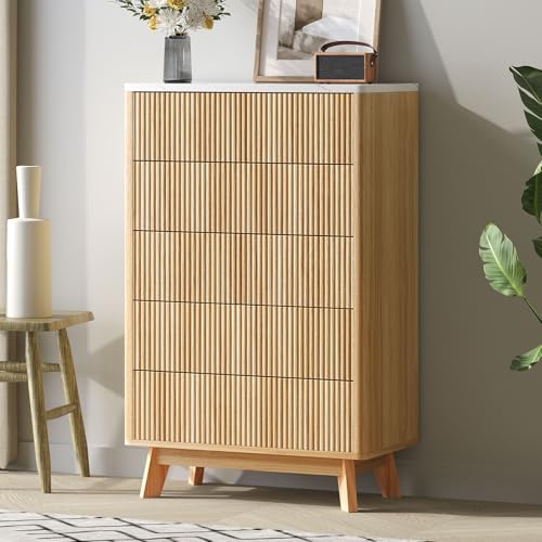 Image of Airynee Fluted 5 Drawers Dresser for Bedroom, 47 inch Tall Handleless Chest of Drawers with Faux Marble Top, Curved Profile Design, Wood Drawer Organizerfor forLiving Room, Hallway, Entryway, Natural Oak