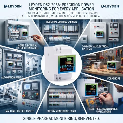 Image of LEYDEN D52-2066 6-in-1 Multi Function Digital Meter | AC 40-300V, 0-100A, 45-65Hz | Watt, kWh, Voltage, Current, Frequency & Power Factor Meter | Colour LCD | DIN Rail Mount
