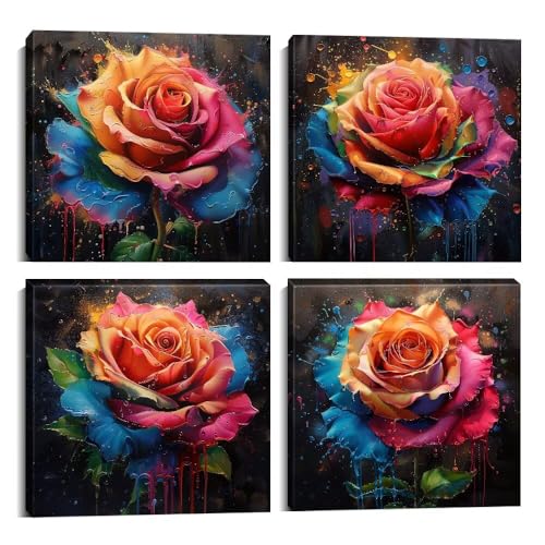 Rose Art Flowers Wall Decor Floral Pictures Canvas Prints Abstract Artwork for Living Room Bedroom Bathroom Office Home Decorations Aesthetic Framed Ready to Hang (16''W x 16''H x 4)