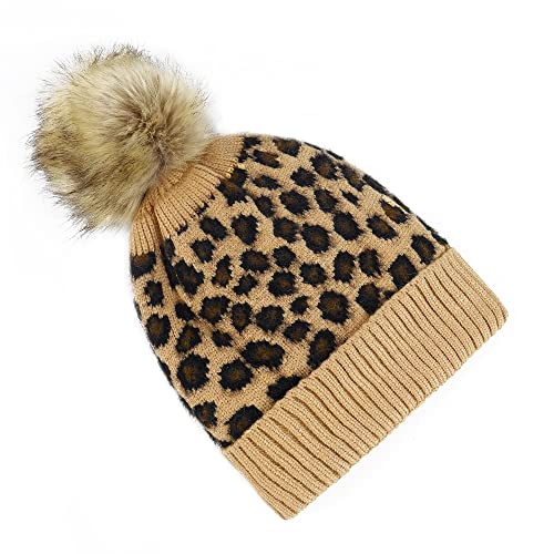 Docila Pom Knitting Hats For Womens Brown Cheetah Print Winter Fleece Lined Beanie Skull Cap Retro Leopard Animal Hair Wrap (Khakileopardbeanie) #TOP5