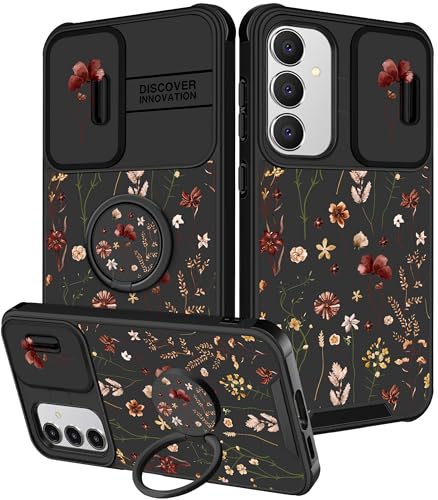 Goocrux for Samsung Galaxy S24 FE Case - Women Girls Cute Phone Cover Girly Pretty Flower Floral Unique Aesthetic Design Slide Camera Cover with Ring Stand Holder for Samsung S24 FE Case 6.7"