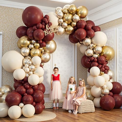Image of Burgundy Balloon Garland Arch Kit,412Pcs Burgundy and Sand White Metallic Gold Balloons for Wedding Bridal Shower Birthday Wine Anniversary Engagement Party Graduation Decorations