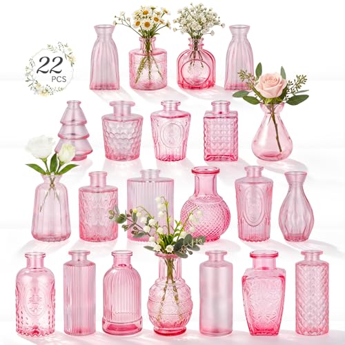 RUCKAE 22 Pack Pink Small Vases Glass Mini Bud Vase in Bulk Vintage Pink Flower Vases for Wedding,Centerpieces Home Decor and Party