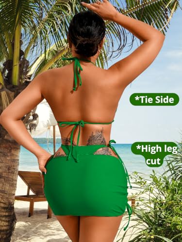 Image of ShawGobow Womens 3 Piece Leopard Bikini Set,Triangle String High Cut Thong Sexy Swimsuit & Coverup Skirt,Pool Party Outfit