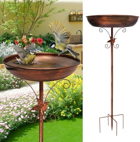Newthinking Vogeltränke Stehend, 39 Zoll, Vogelbad Garten, Frostsicher | Metall-Vogelbad mit Vogelrelief, 3-in-1 Vogelbad Stehend, Baden, Trinken, Füttern, Winterfest, Rostfrei, fü