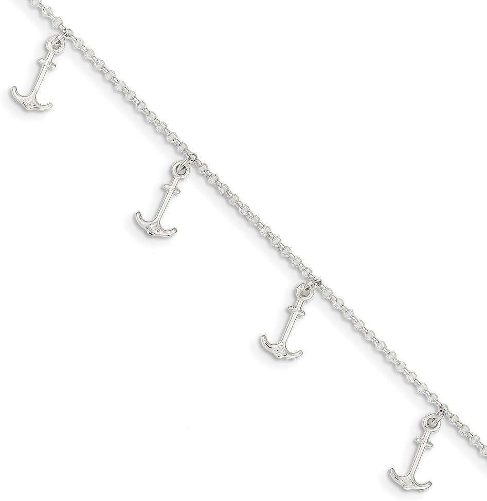 Solid 925 Sterling Silver Polished Anchors 1In Ext. Anklet