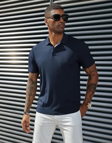 PJ PAUL JONES Mens Short Sleeve Texture Polo Shirts Casual Wrinkle Free Stretch Knit Golf Shirt Tops3