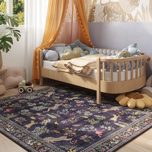 Living Room Rug 6x9 Rug Machine Washable Boho Area Rug Non Slip Floral Animal Vintage Low Pile Large Rug for Living Room, Bedroom, Farmhouse, Dining Room, Kids Playroom (Blue)