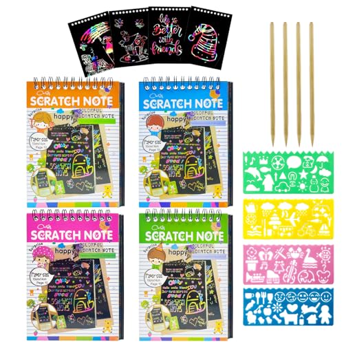 GOTFUN 40 Páginas 4 Unidades Imágenes para Rascar Niños Dibujo Graffiti Juego de 4 Plantillas de Pintura, Imágenes para Rascar para Niños, Magic Scratch Book Degradado con Lápices de Madera