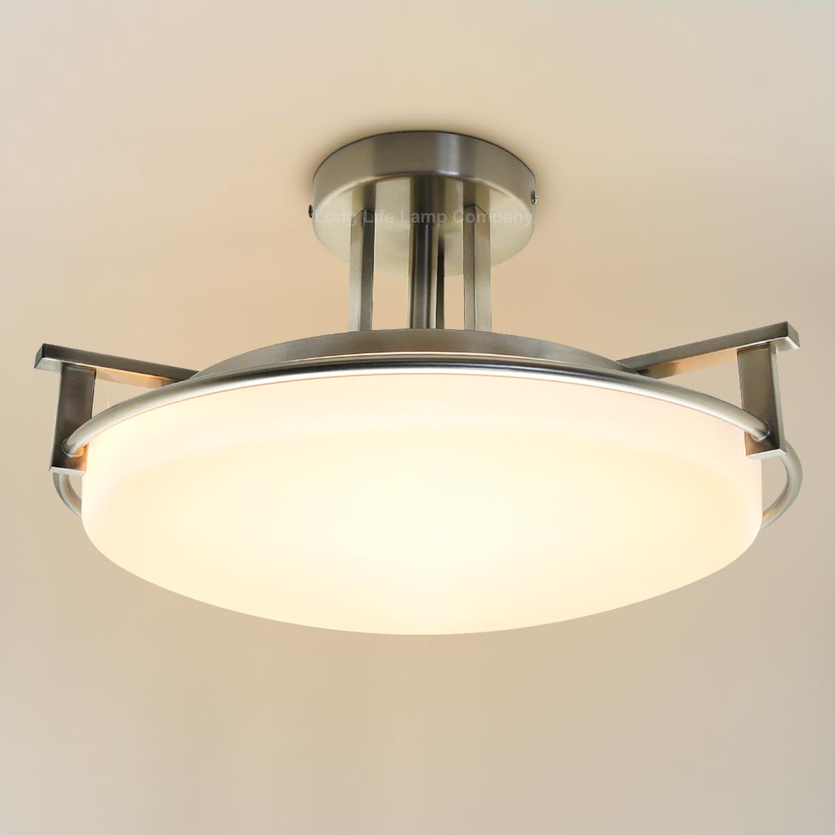 Long Life Lamp Company Chrome Brush Ceiling Light Semi Flush Mount Opal Lamp Shade Industrial Barn Pendant Light Round H3092