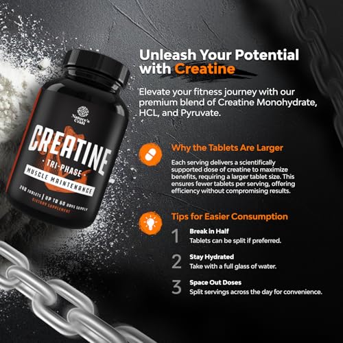 Image of Natures Craft High Strength Tri Phase Creatine Tablets for Women & Men - Formula Blend of Creatine Monohydrate, 300mg HCL & Pyruvate Supplement - Muscle Mass Gain & Recovery Supplement - 240 Count