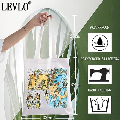 LEVLO Fun State Map Of Massachusetts Tote Bag Massachusetts Souvenir Gift 1940’s Massachusetts Illustration Shoulder Bag2