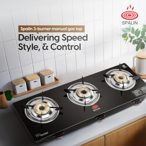 Image of 3 Burner Glass Top Gas Stove | Manual Ignition | Toughened Crystal Glass | High Efficiency Brass Burners | ISI Certified | Durable & Easy Clean Kitchen Gas Stove