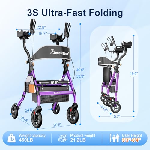 Image of BlessReach Heavy Duty Upright Rollator Walker for Seniors with Seat, 450lb Capacity, 8 inch All-Terrain Wheels, 6 Height Adjustments, Padded Seat & Backrest, Easy Assembly, Foldable Design, Purple