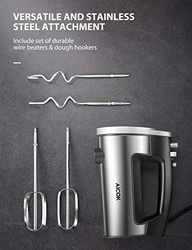 AICOK Hand Mixer Electric 2019 Durable Version 6 Speed Powerful Handheld Mixer Food and Cake Electric Mixer with Turbo and Easy Eject Button Stainless Steel Body, Beaters and Dough Hooks (Renewed)