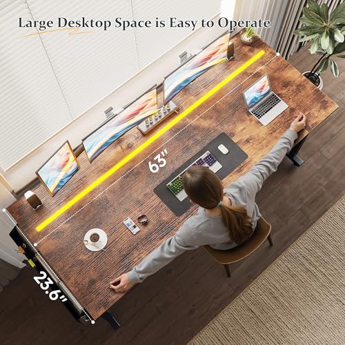 Image of DurayLoly 63 inch Home Office Desk with LED Lights,Computer Desk for 2 Monitors or 2 laptops,Spacious Under-Desktop for Study Writing Work Gaming Desk,Sturdy Metal Frame,Bedroom,Rustic Brown