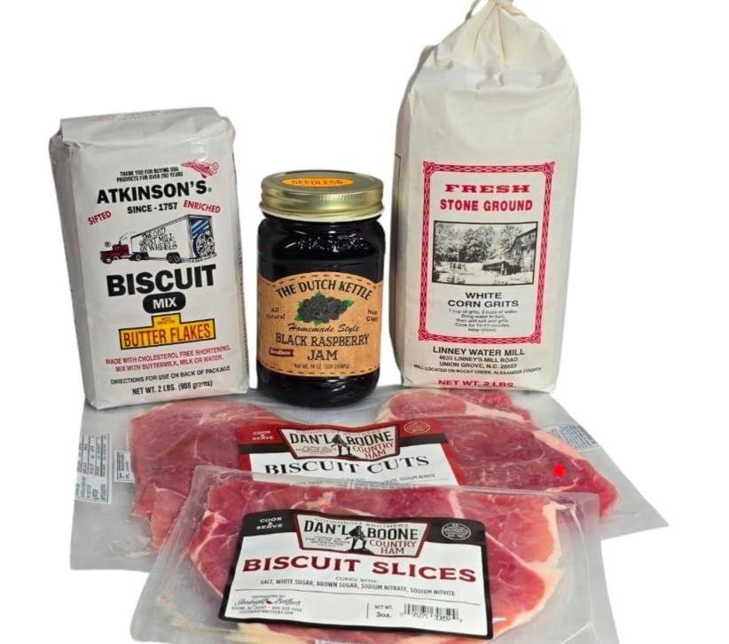 Southern Breakfast Set Grits, Biscuit Mix, Country Ham, Amish Black Raspberry Seedless Spread Holiday Gift