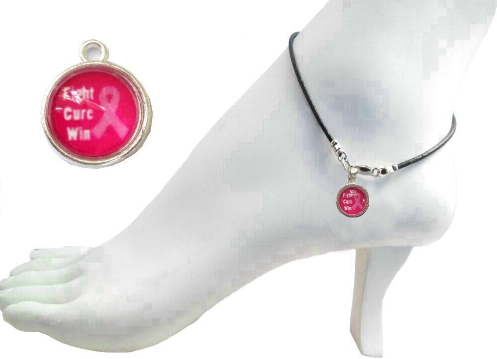 Black Leather 9" Anklet with 10mm Round Breast Cancer Awareness Fight Cure Win Glass Cabochon Charm ~ Sterling Silver Clasp