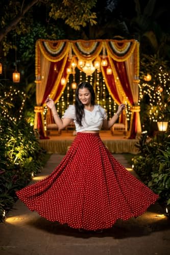 Image of Women's Lycra Top with Georgette Skirt | Polka Dot Print Long Flared Maxi | Full Length Flowy Skirt for Women | Stylish Casual Wear