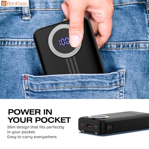 Image of BonKaso 20000mAh Power Bank 22.5W PD Fast Charging with Built-in Type-C Cable, USB-A & Type-C Output, Digital LED Display, Portable Slim Powerbank for iPhone, Android, Tablets - Black