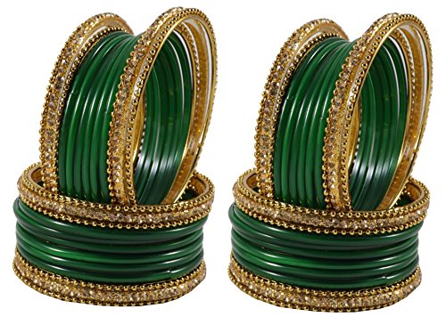 Image of NMII Glass With Zircon Gemstone Studded Worked and Ball Chain Or Plane Gloosy Finished Bangles Set For Women and Girls