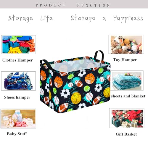 Image of Kid Clothes Storage Basket Gift Shelf Basket Toy Storage Bin, Nursery Basket Organizer Box for With Handles for Room Deco Football Basketball Pattern