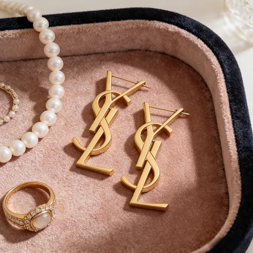 HNWBFCT Designer Inspired Earrings,luxury designer earrings,Monogram Hoop Earrings, Women's Minimalist Swing Letter Stud Earrings ,18K Gold Plated Hypoallergenic Everyday Jewelry ,Personalized Birthday Gift for Best Friend