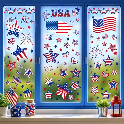 BTEOSPT 4th of July Window Clings - 9 Sheet 111 PCS Patriotic Decor Double-Sided Memorial Day Decorations Static Window Cling Stickers for Glass Red White&Blue Summer Windows Clings USA Flag Stars